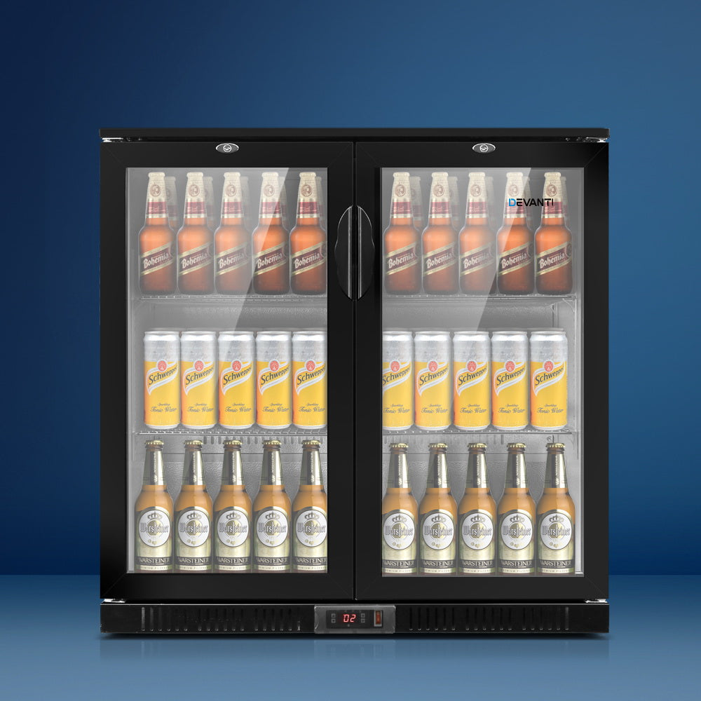 Devanti 198L Bar Fridge Dual Glass Door w/Light Black-Fridges-PEROZ Accessories
