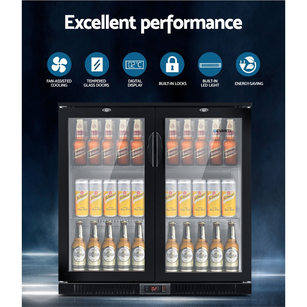 Devanti 198L Bar Fridge Dual Glass Door w/Light Black-Fridges-PEROZ Accessories