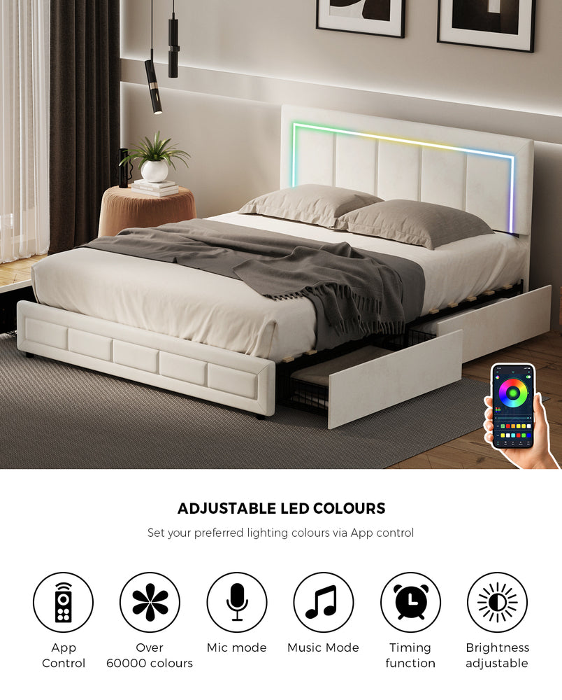 Oikiture LED Bed Frame Double Size 4 Drawers Adjustable Head Beige-Bed Frame-PEROZ Accessories
