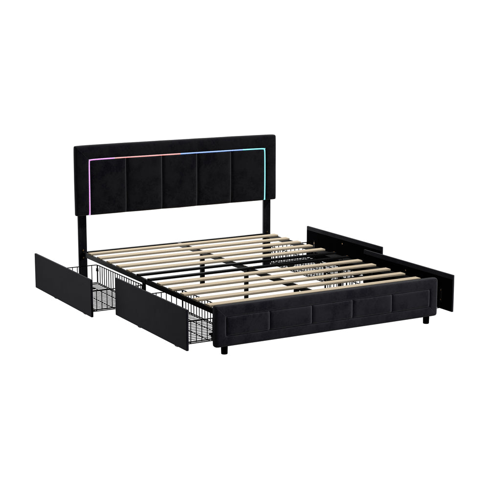 Oikiture LED Bed Frame Double Size 4 Drawers Adjustable Head Black-Bed Frame-PEROZ Accessories