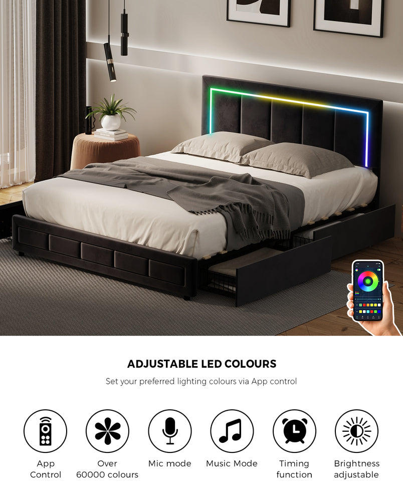 Oikiture LED Bed Frame Double Size 4 Drawers Adjustable Head Black-Bed Frame-PEROZ Accessories