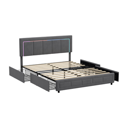 Oikiture LED Bed Frame Double Size 4 Drawers Adjustable Head Velvet-Bed Frame-PEROZ Accessories