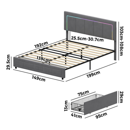 Oikiture LED Bed Frame Double Size 4 Drawers Adjustable Head Velvet-Bed Frame-PEROZ Accessories