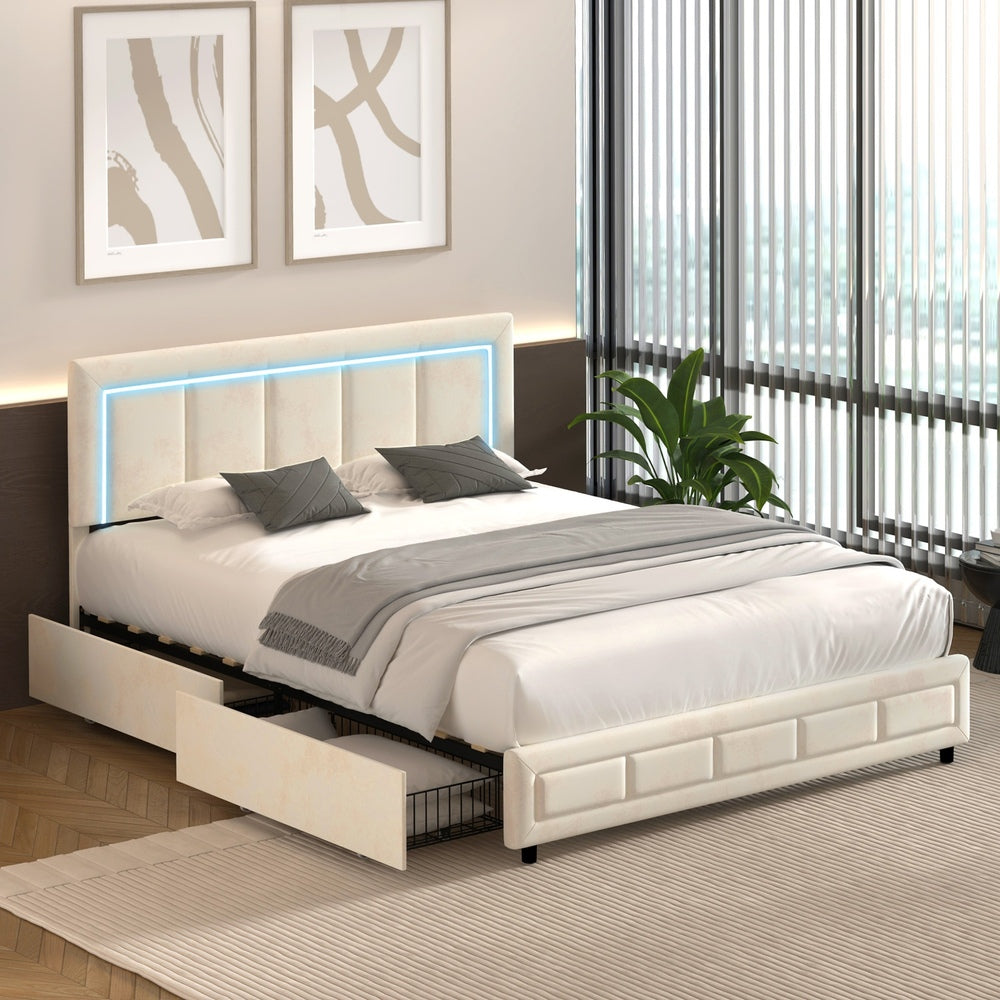 Oikiture LED Bed Frame Queen Size 4 Drawers Adjustable Headboard Beige-Bed Frame-PEROZ Accessories
