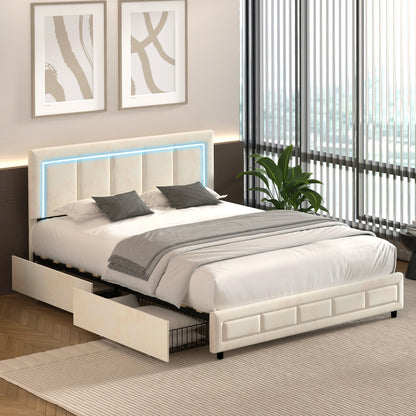 Oikiture LED Bed Frame Queen Size 4 Drawers Adjustable Headboard Beige-Bed Frame-PEROZ Accessories