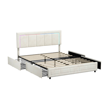Oikiture LED Bed Frame Queen Size 4 Drawers Adjustable Headboard Beige-Bed Frame-PEROZ Accessories