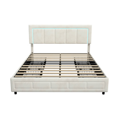 Oikiture LED Bed Frame Queen Size 4 Drawers Adjustable Headboard Beige-Bed Frame-PEROZ Accessories