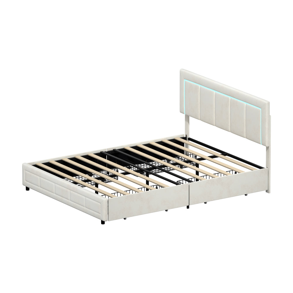 Oikiture LED Bed Frame Queen Size 4 Drawers Adjustable Headboard Beige-Bed Frame-PEROZ Accessories