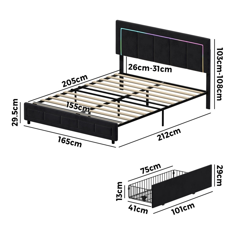 Oikiture LED Bed Frame Queen Size 4 Drawers Adjustable Headboard Black-Bed Frame-PEROZ Accessories