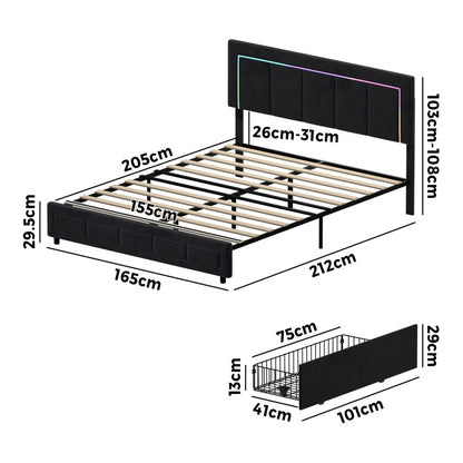 Oikiture LED Bed Frame Queen Size 4 Drawers Adjustable Headboard Black-Bed Frame-PEROZ Accessories