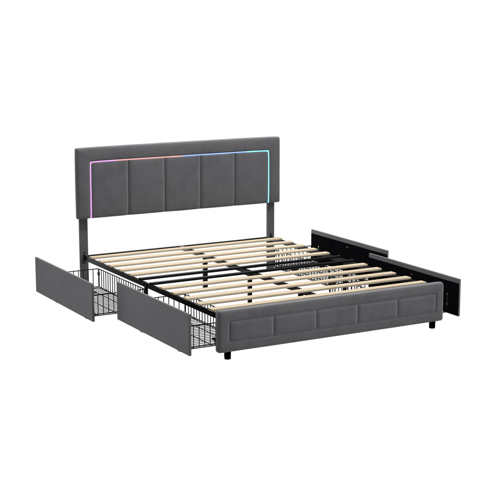 Oikiture LED Bed Frame Queen Size 4 Drawers Adjustable Head Velvet-Bed Frame-PEROZ Accessories