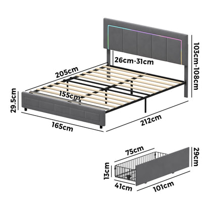 Oikiture LED Bed Frame Queen Size 4 Drawers Adjustable Head Velvet-Bed Frame-PEROZ Accessories