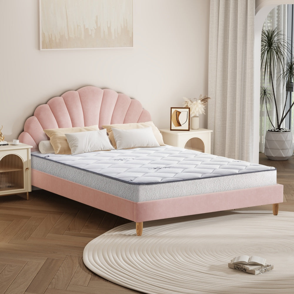 Oikiture Bed Frame with Mattress Double Size Pink Velvet-Bed Frames-PEROZ Accessories