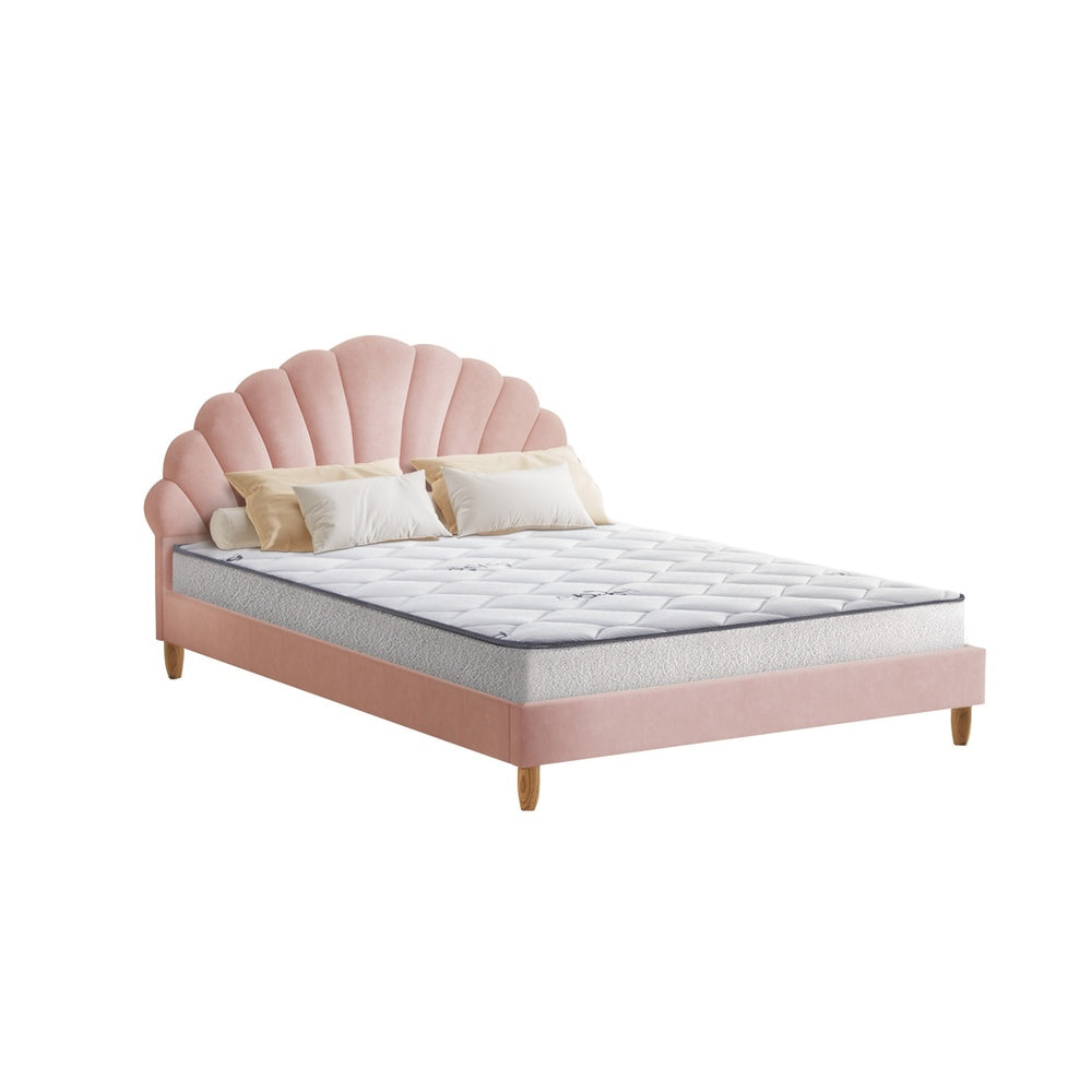 Oikiture Bed Frame with Mattress Double Size Pink Velvet-Bed Frames-PEROZ Accessories