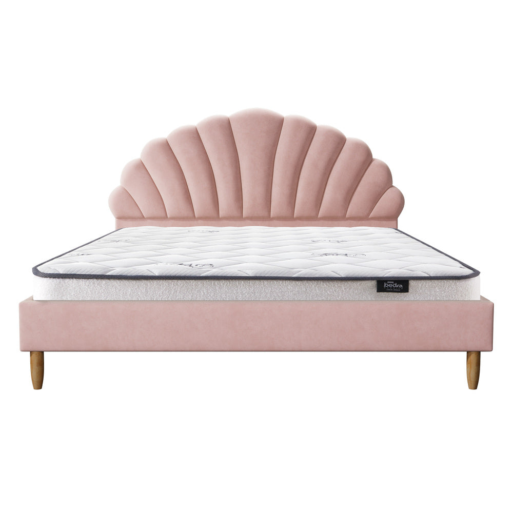 Oikiture Bed Frame with Mattress Double Size Pink Velvet-Bed Frames-PEROZ Accessories
