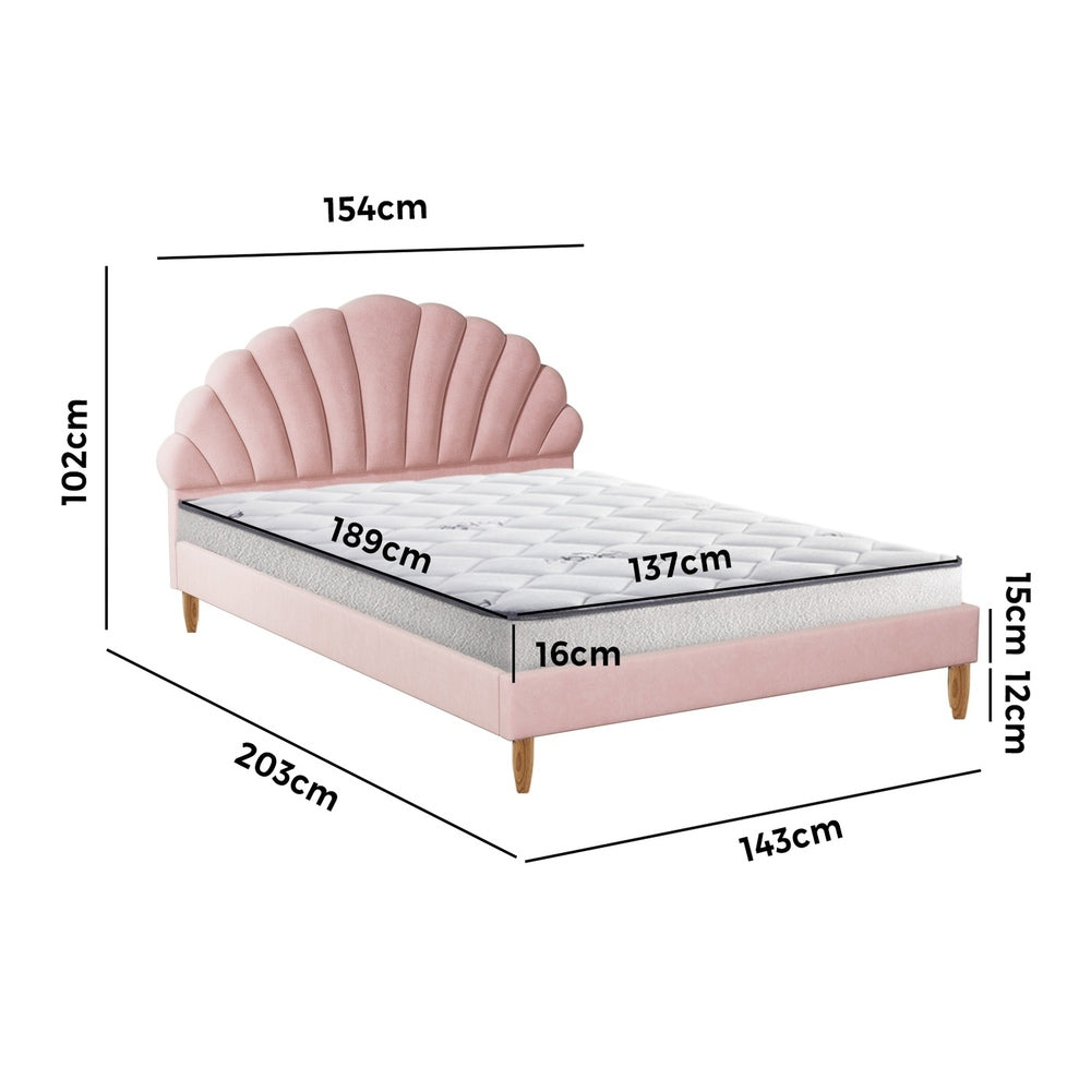 Oikiture Bed Frame with Mattress Double Size Pink Velvet-Bed Frames-PEROZ Accessories