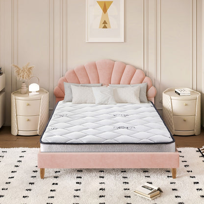 Oikiture Bed Frame with Mattress Double Size Pink Velvet-Bed Frames-PEROZ Accessories