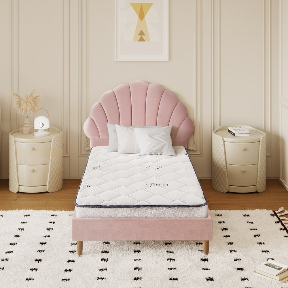 Oikiture Bed Frame with Mattress Single Size Pink Velvet-Bed Frame-PEROZ Accessories