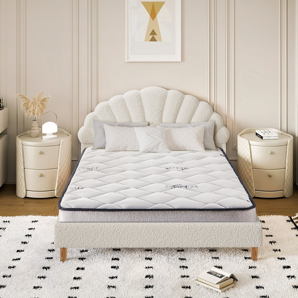 Oikiture Bed Frame with Mattress Double Size White Boucle-Bed Frame-PEROZ Accessories