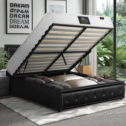 Oikiture Bed Frame with Mattress Double Size Gas Lift Black Leather-Bed Frame-PEROZ Accessories