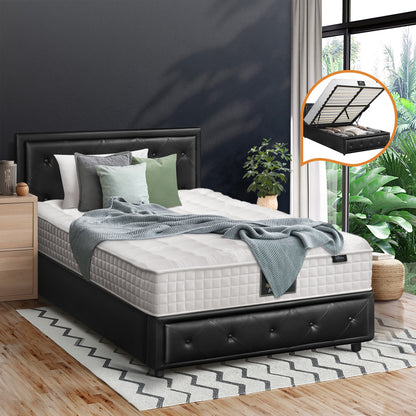 Oikiture Bed Frame with Mattress King Single Gas Lift Black Leather-Bed Frame-PEROZ Accessories