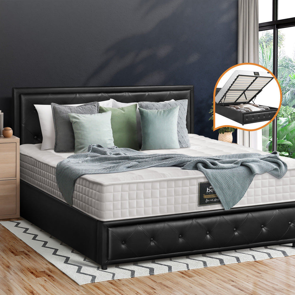 Oikiture Bed Frame with Mattress Queen Size Gas Lift Black Leather-Bed Frame-PEROZ Accessories