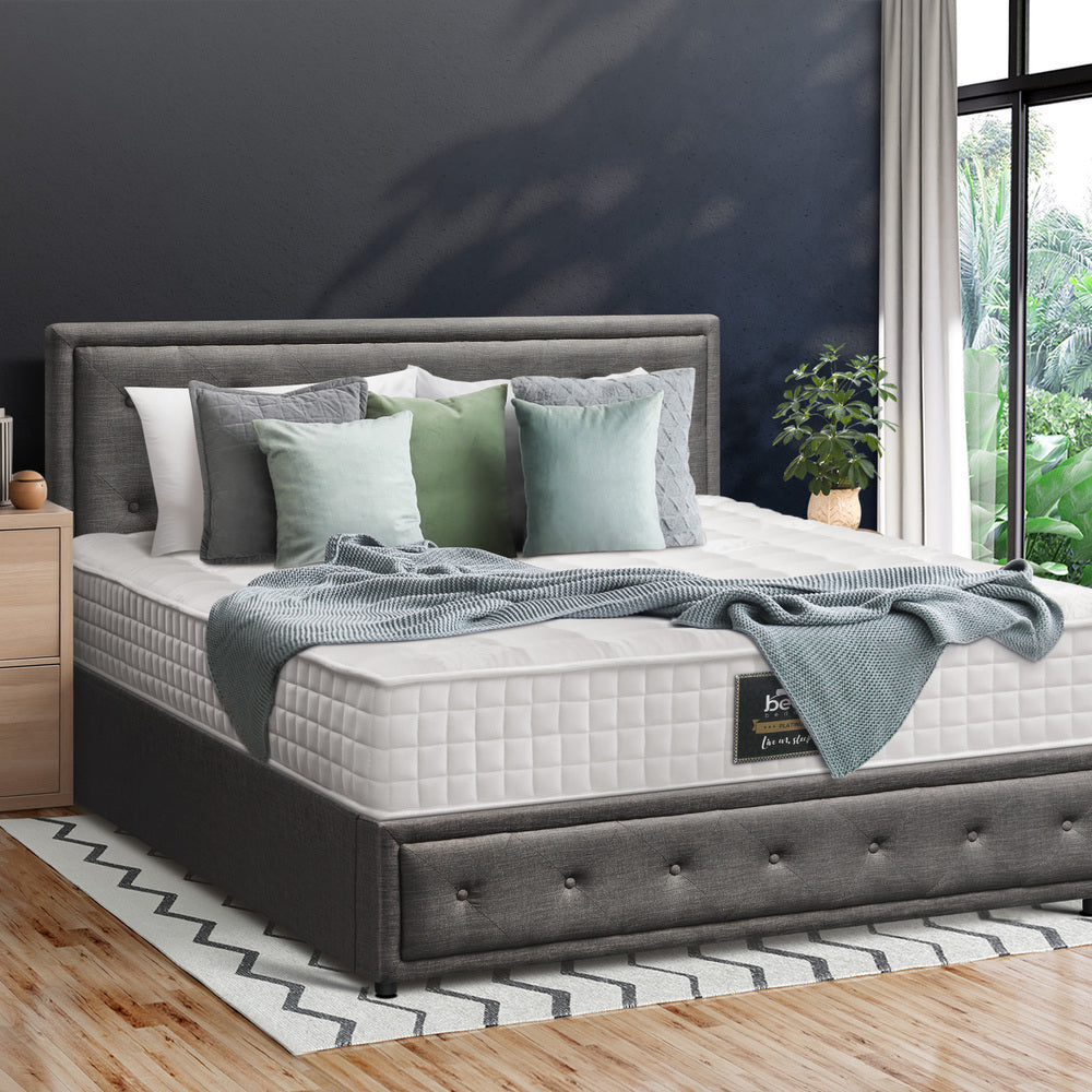 Oikiture Bed Frame with Mattress King Size Gas Lift Grey Fabric-Bed Frame-PEROZ Accessories