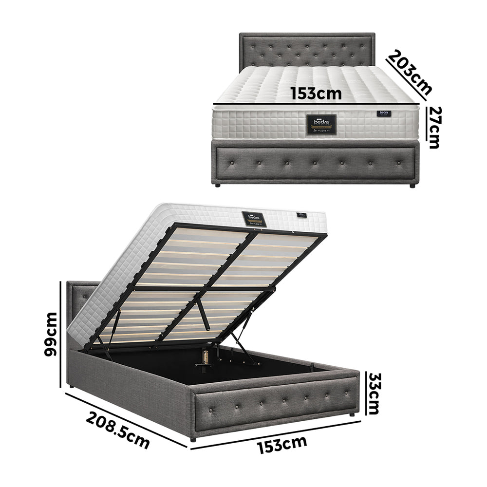 Oikiture Bed Frame with Mattress Queen Size Gas Lift Grey Fabric-Bed Frame-PEROZ Accessories