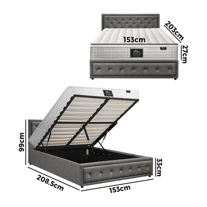 Oikiture Bed Frame with Mattress Queen Size Gas Lift Grey Fabric-Bed Frame-PEROZ Accessories