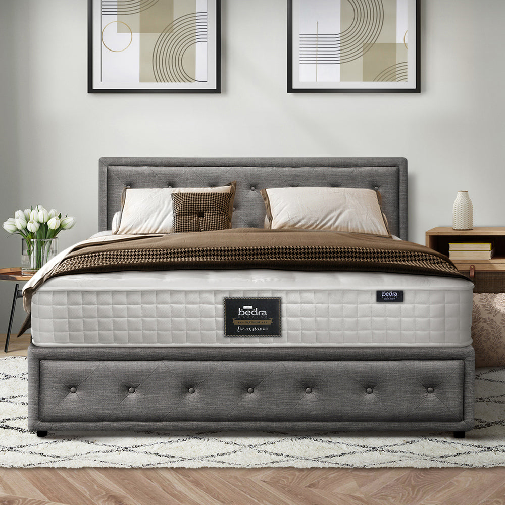 Oikiture Bed Frame with Mattress Queen Size Gas Lift Grey Fabric-Bed Frame-PEROZ Accessories
