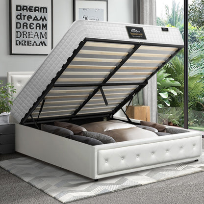 Oikiture Bed Frame with Mattress Queen Size Gas Lift White-Bed Frame-PEROZ Accessories