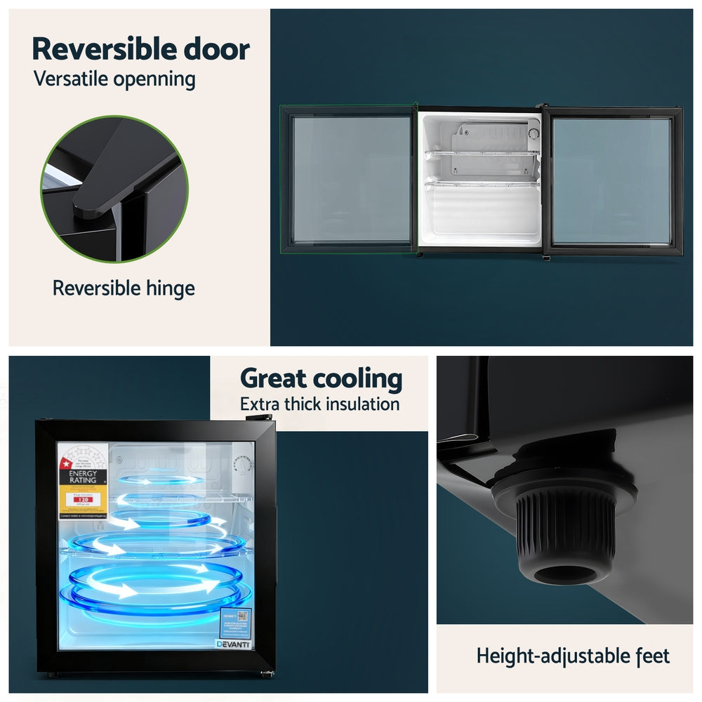Devanti 40L Bar Fridge Glass Door Mini Fridge Countertop Cooler Black-Appliances > Fridges &amp; Freezers > Fridges-PEROZ Accessories