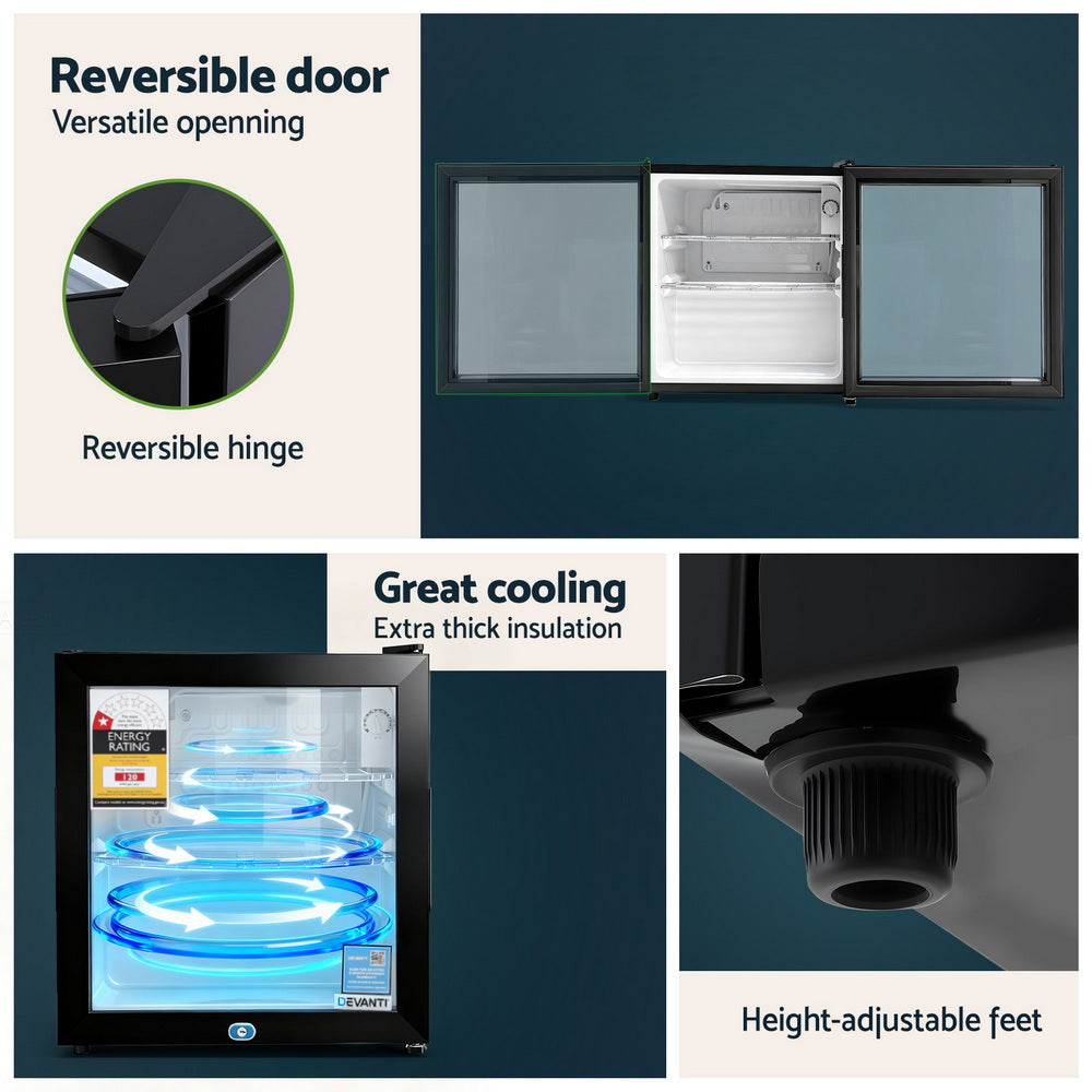Devanti 40L Bar Fridge Glass Door Mini Fridge Countertop Cooler Black-Appliances > Fridges &amp; Freezers > Fridges-PEROZ Accessories