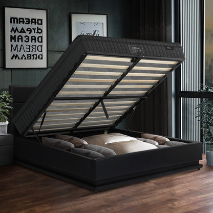 Oikiture Bed Frame with Mattress Double Size LED Gas Lift Black LAYZ-Bed Frame-PEROZ Accessories