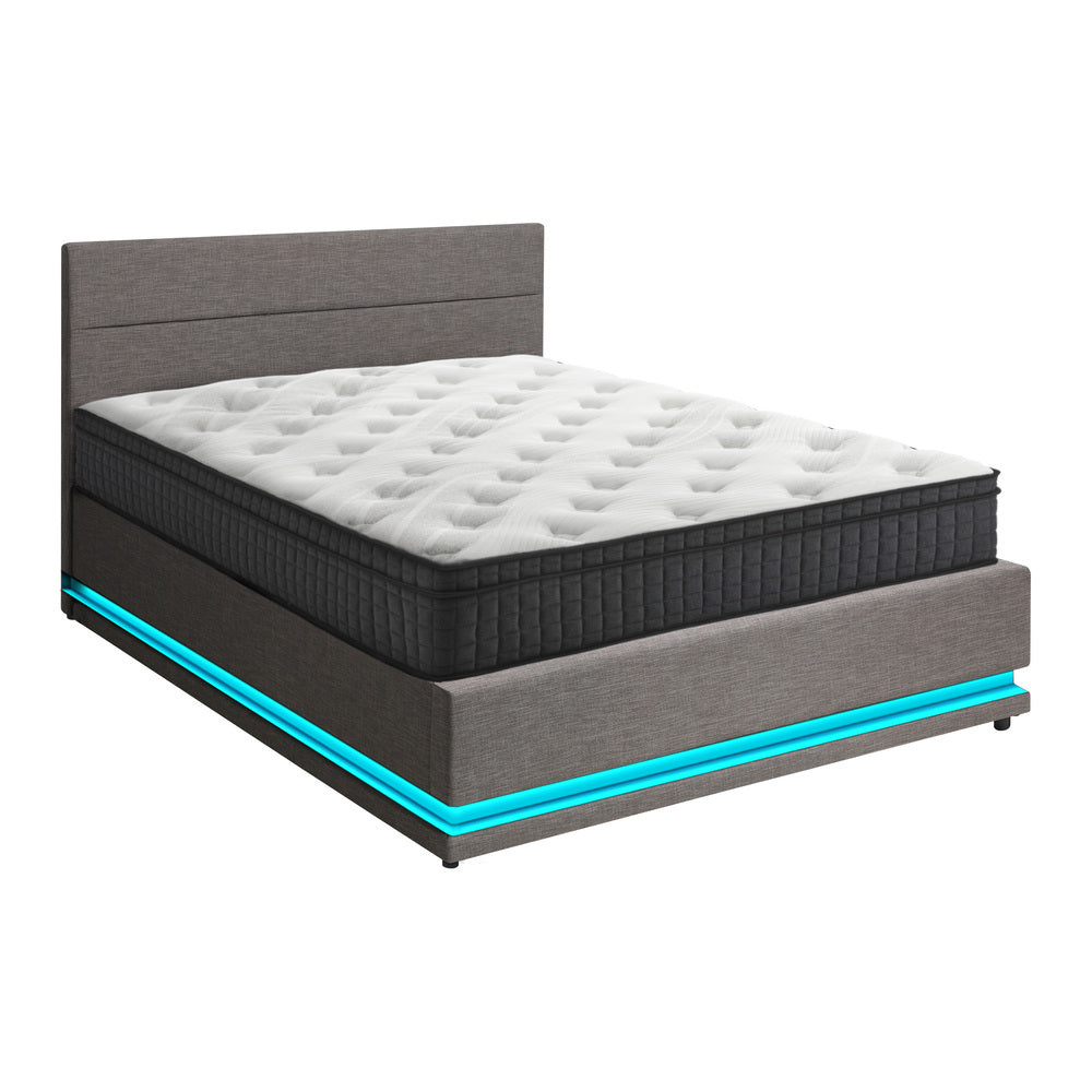 Oikiture Bed Frame with Mattress Queen Size LED Gas Lift Grey LAYZ-Bed Frame-PEROZ Accessories