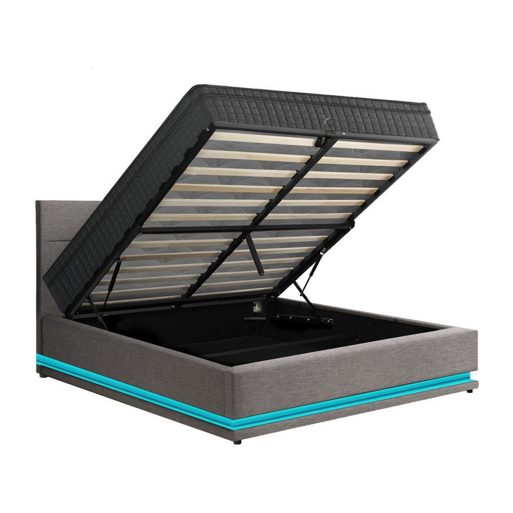 Oikiture Bed Frame with Mattress Queen Size LED Gas Lift Grey LAYZ-Bed Frame-PEROZ Accessories