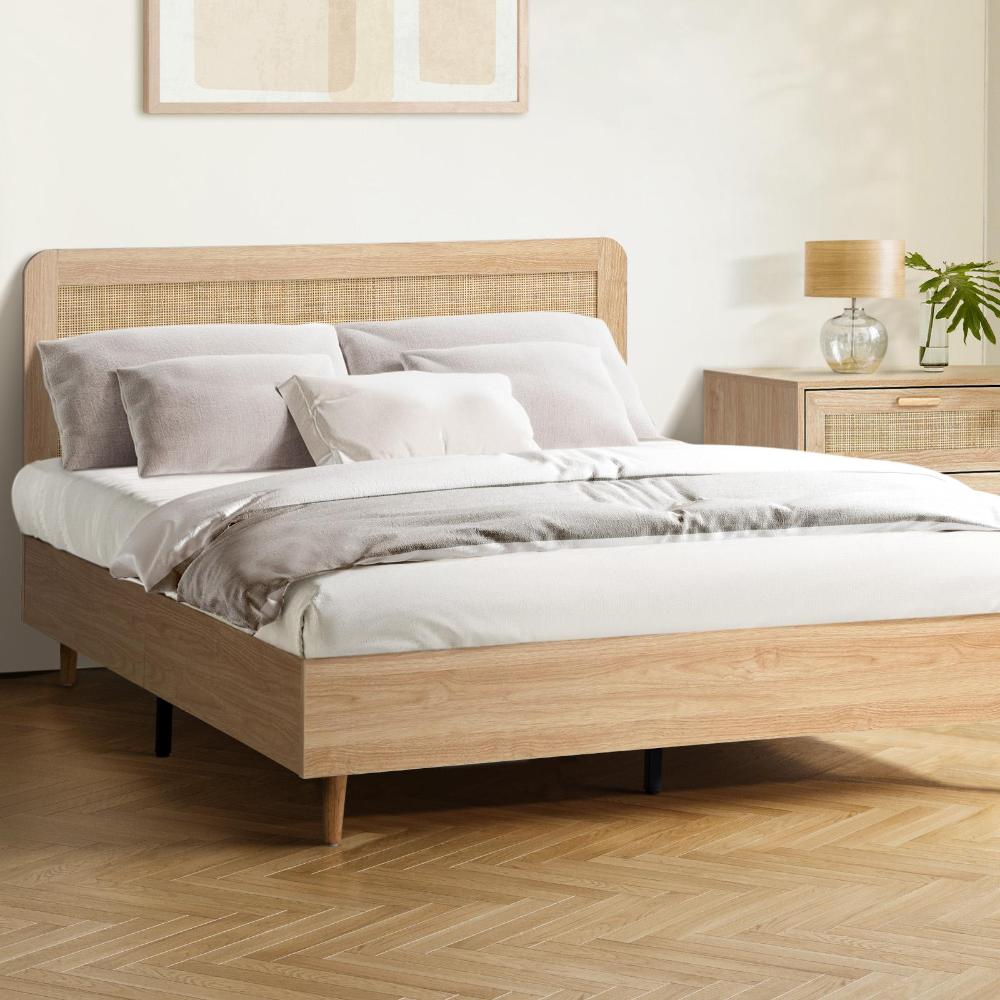 Oikiture Bed Frame Double Size Wooden Bed Frame Rattan Headboard-Bed Frames-PEROZ Accessories
