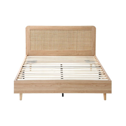 Oikiture Bed Frame Double Size Wooden Bed Frame Rattan Headboard-Bed Frames-PEROZ Accessories
