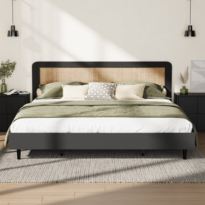 Oikiture Bed Frame King Size Real Rattan Headboard Black-Bed Frames-PEROZ Accessories