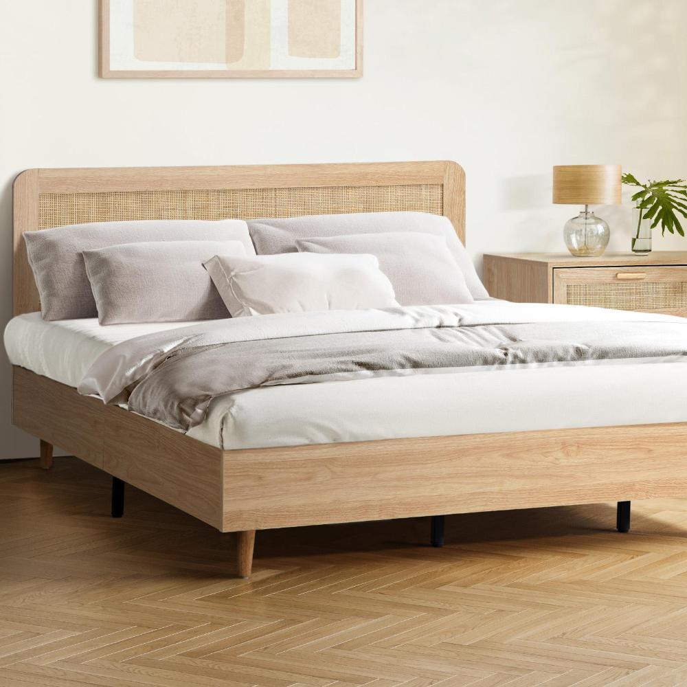 Oikiture Bed Frame King Size Wooden Bed Frame Rattan Headboard-Bed Frames-PEROZ Accessories