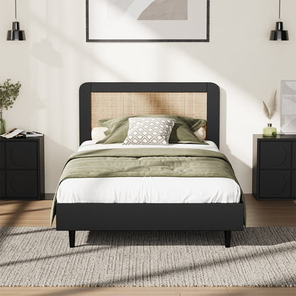 Oikiture Bed Frame King Single Real Rattan Headboard Black-Bed Frame-PEROZ Accessories