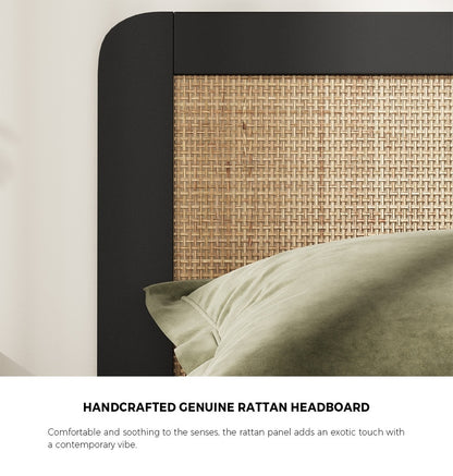 Oikiture Bed Frame King Single Real Rattan Headboard Black-Bed Frame-PEROZ Accessories