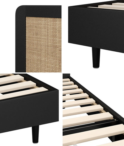 Oikiture Bed Frame King Single Real Rattan Headboard Black-Bed Frame-PEROZ Accessories