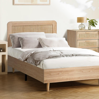 Oikiture Bed Frame King Single Size Wooden Bed Frame Rattan Headboard-Bed Frames-PEROZ Accessories