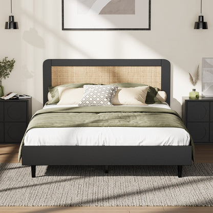 Oikiture Bed Frame Queen Size Real Rattan Headboard Black-Bed Frames-PEROZ Accessories
