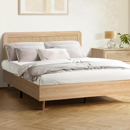 Oikiture Bed Frame Queen Size Wooden Bed Frame Rattan Headboard-Bed Frames-PEROZ Accessories