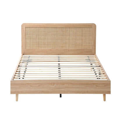 Oikiture Bed Frame Queen Size Wooden Bed Frame Rattan Headboard-Bed Frames-PEROZ Accessories