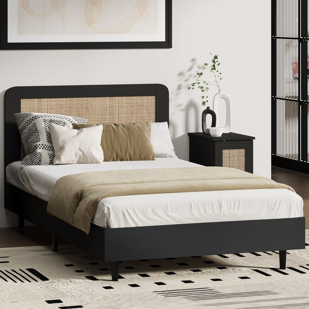 Oikiture Bed Frame Single Size Real Rattan Headboard Black-Bed Frame-PEROZ Accessories