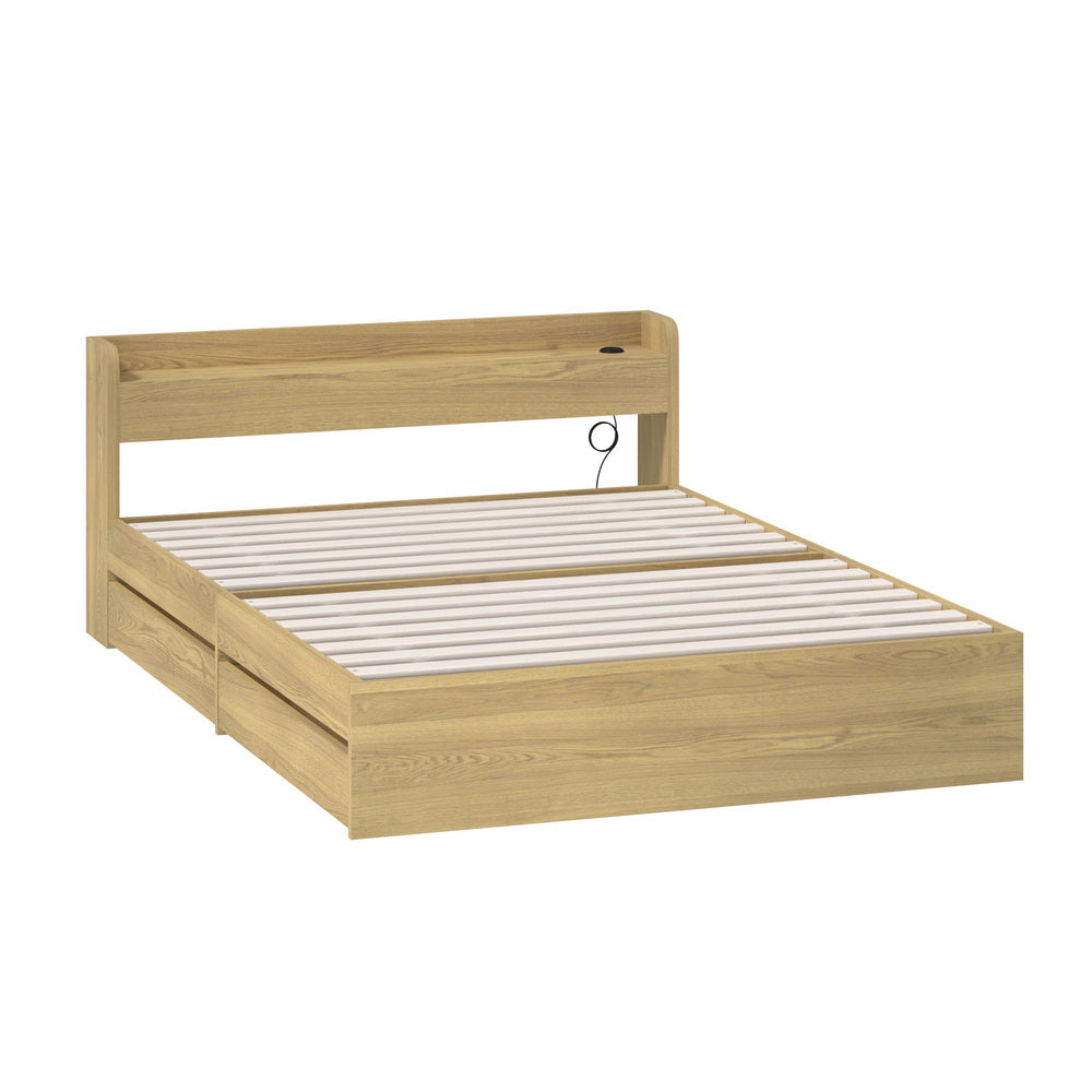 Oikiture Double Bed Frame with Charging Ports &amp; 2 Drawers-Wooden Bed Frames-PEROZ Accessories