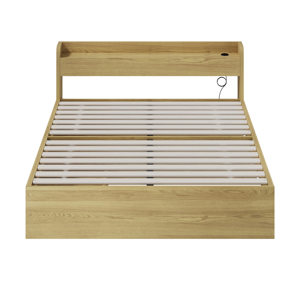 Oikiture Double Bed Frame with Charging Ports &amp; 2 Drawers-Wooden Bed Frames-PEROZ Accessories